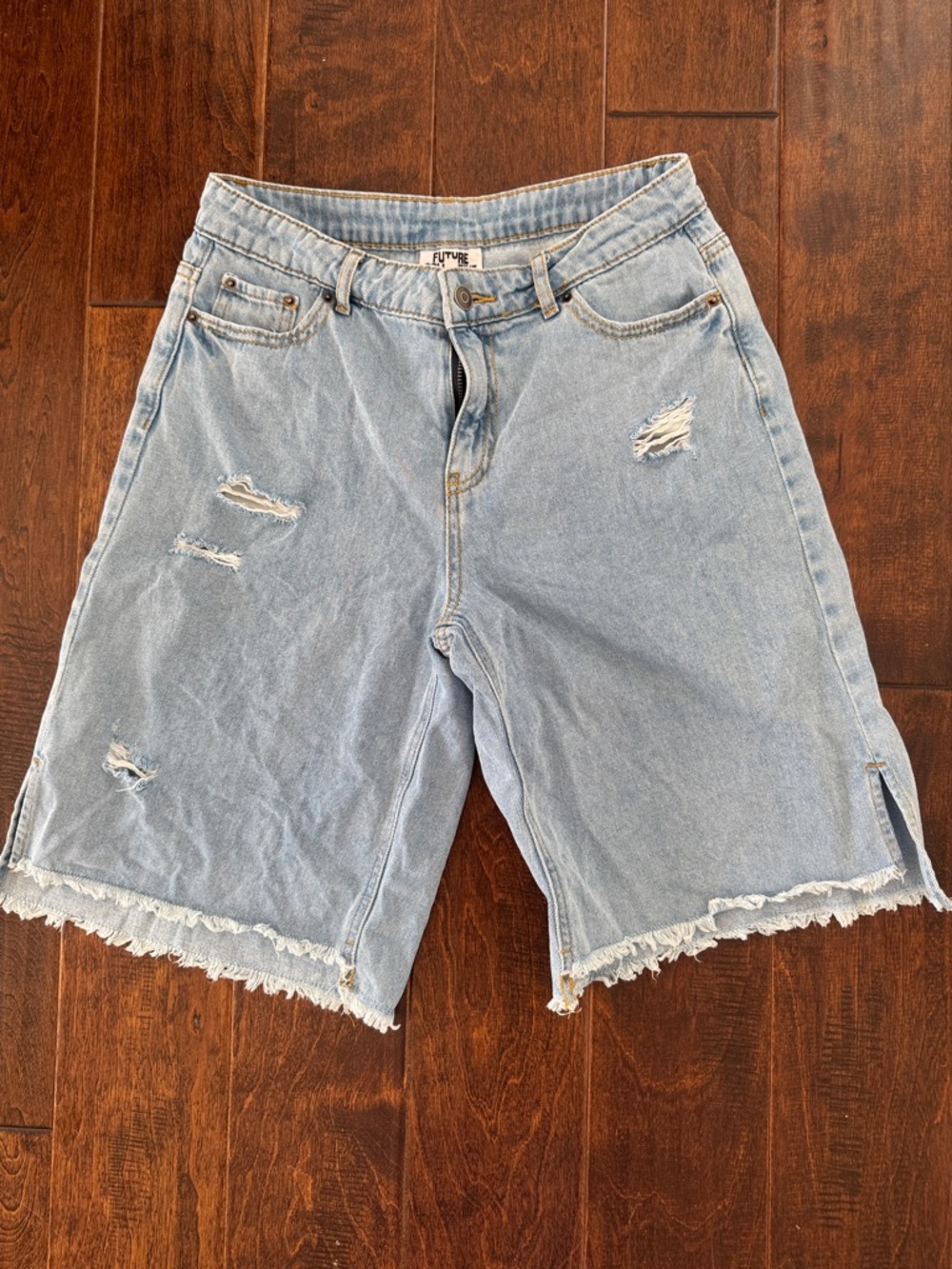 Light Wash Distressed High-Rise Denim Bermuda Shorts